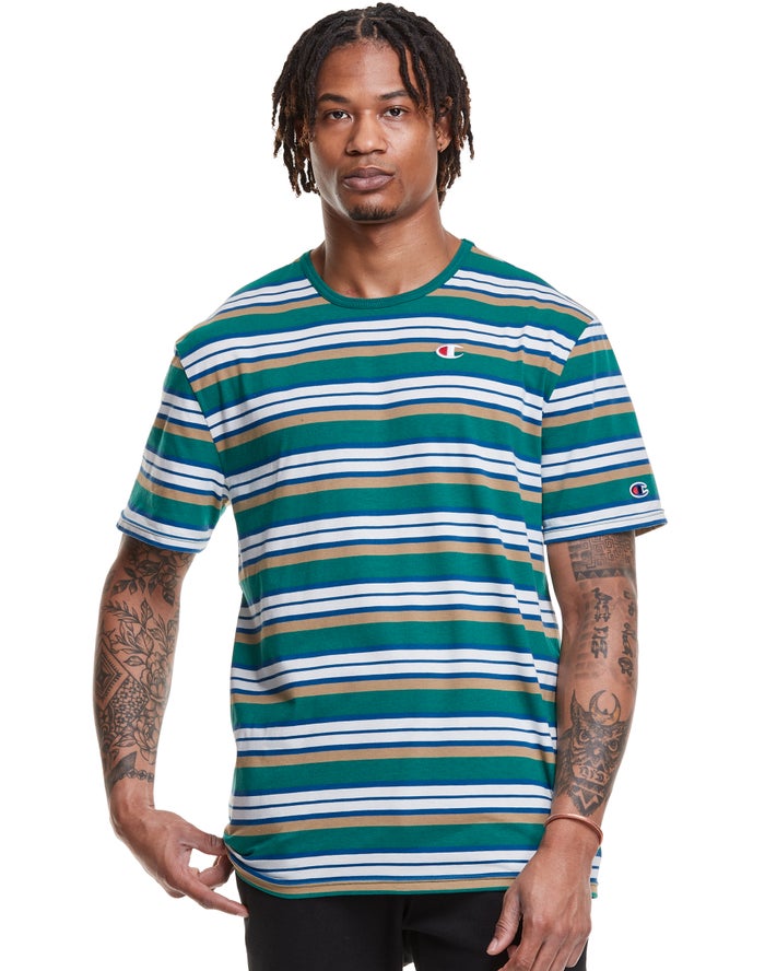 Champion Yarn-Dye Stripe C Logo T-Shirt Heren - Groen/Wit - Belgie 0983EZJFD